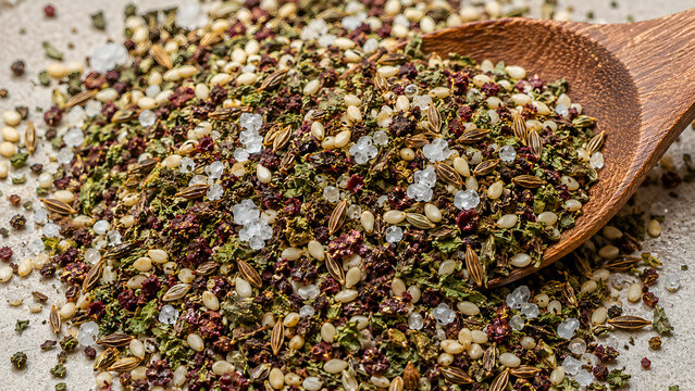 Middle eastern zaatar spice mix with wooden spoon on stone surface