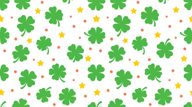 Seamless St. Patrick&rsquo;s Day Clover Pattern with Green Shamrocks and Yellow Stars