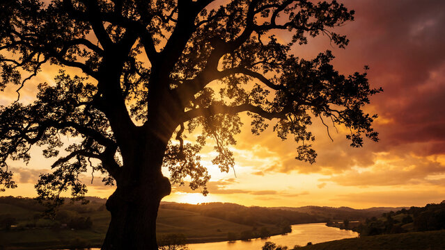 Summer sunset golden hour ancient tree silhouette sunlight through branches peaceful majestic nature scene for poster design background wallpaper banner template