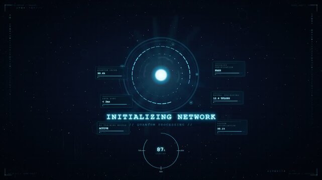 A futuristic dark blue HUD user interface animation showing a system boot sequence with text "Initializing Network" and "Quantum Processing"