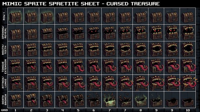 Detailed pixel art mimic sprite sheet for retro fantasy video games