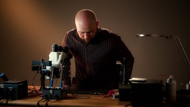 Repair technician inspecting circuit board at electronics workbench