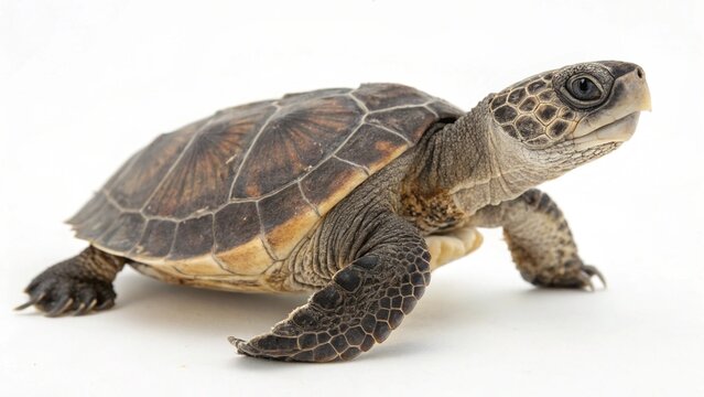 Full body side view of a small turtle walking, isolated on a white background