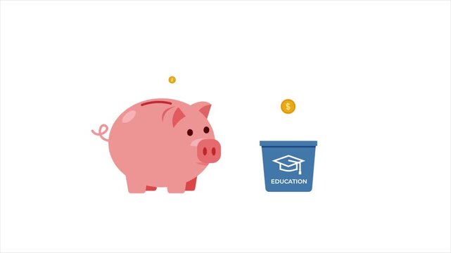 Minimalist animation of pink piggy bank and blue education savings bin with coins on white background, concept of future growth and student wealth.