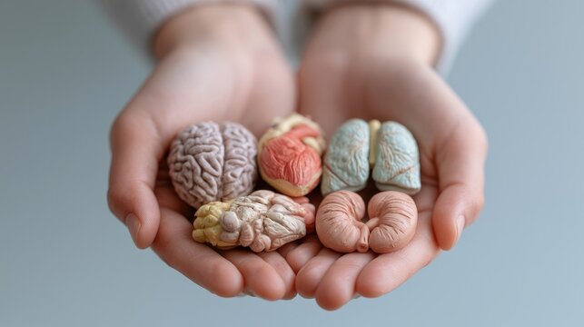 Hands cradle miniature human organs, a brain, heart, lungs, stomach, and kidneys