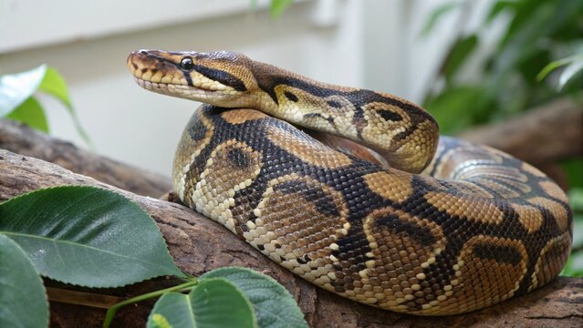 Close-up portrait of a ball python snake coiled on a branch indoors
