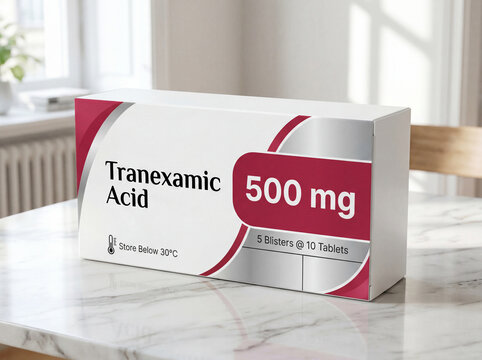A box of Tranexamic Acid 500mg tablets on a marble table