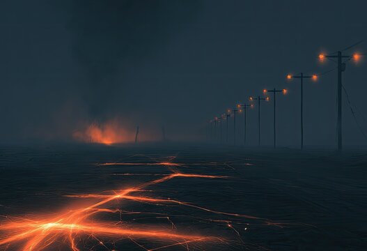 Gloomy, desolate landscape with glowing fissures and a line of ominous, lit poles