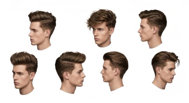 Side profiles of a man's head, showcasing various modern haircuts, on a white background
