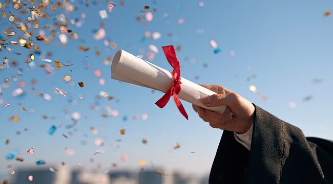 Hand in graduation gown holds diploma with confetti falling
