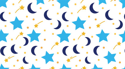 Seamless night sky pattern with blue stars, crescent moons, and yellow shooting stars © azad