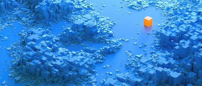 Abstract blue geometric landscape with a single orange cube standing out