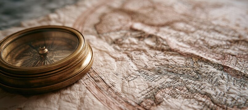 A brass compass rests on an aged, detailed map