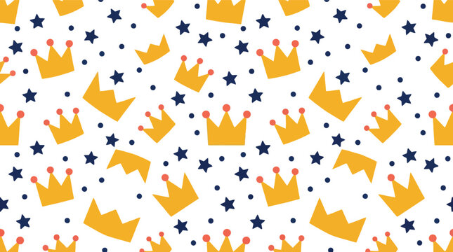Seamless yellow crown and star pattern on white background for kids and royalty themes