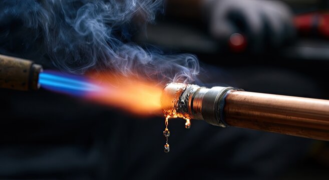 A torch flame melts solder on a copper pipe joint, smoke and drips