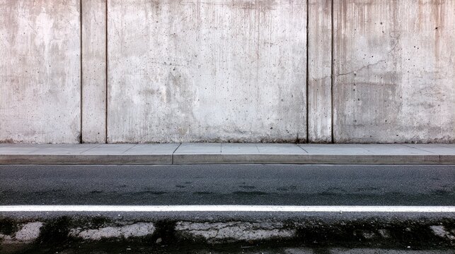 Textured concrete wall meets asphalt road with a wet, reflective surface