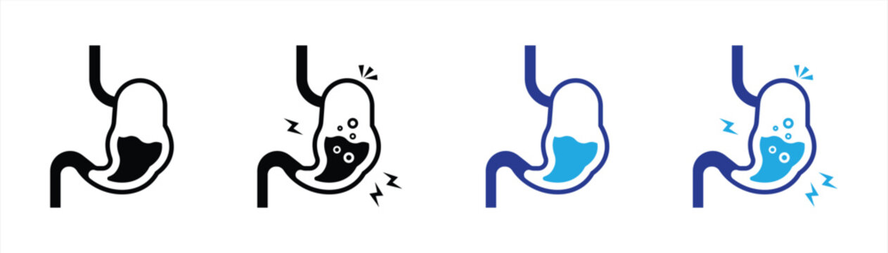 Stomach Digestion and Gastric Acid Icon Set Collection Featuring Healthy Stomach, Gastritis, Indigestion, Acid Reflux and Digestive Disorder Symbols in Flat Duotone Style