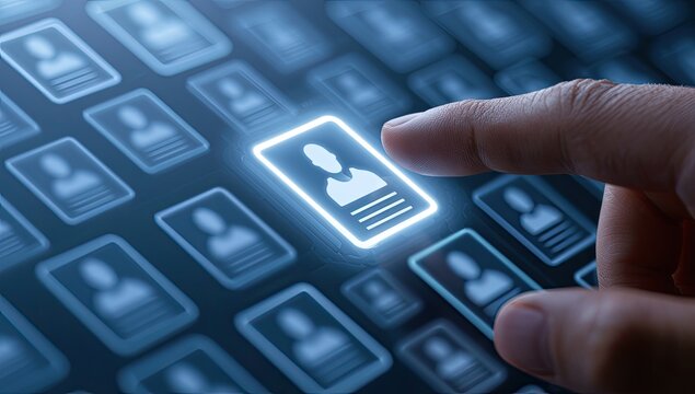Finger selecting a glowing profile card from a grid of digital avatars