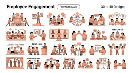 Employee engagement concept vector collection illustration set with employee engagement workplace business corporate teamwork management collaboration resources professional communication © Shaon
