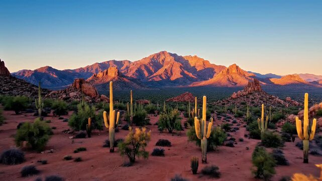 Golden hour illuminates a vast desert landscape with towering saguaros and majestic mountains