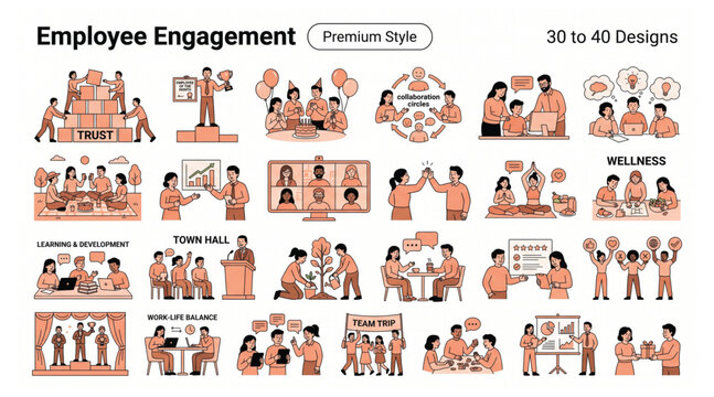 Employee engagement concept vector collection illustration set with employee engagement workplace business corporate teamwork management collaboration resources professional communication