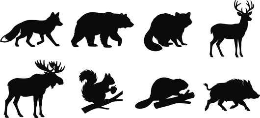 Obraz premium Forest Wildlife Silhouette Set with Fox Bear Deer Moose and Woodland Animals