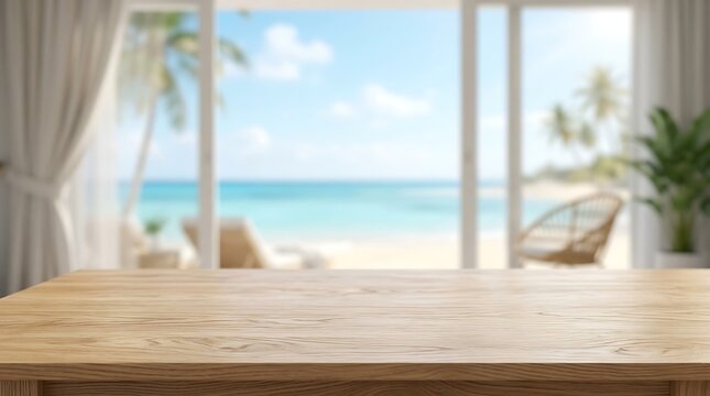 Empty wooden table mockup with blurred tropical beach background for product display in sunny resort interior setting.