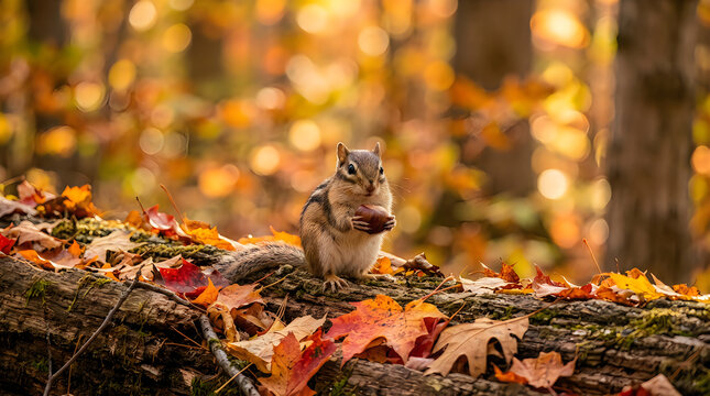 Eastern chipmunk foraging with nut in autumn forest