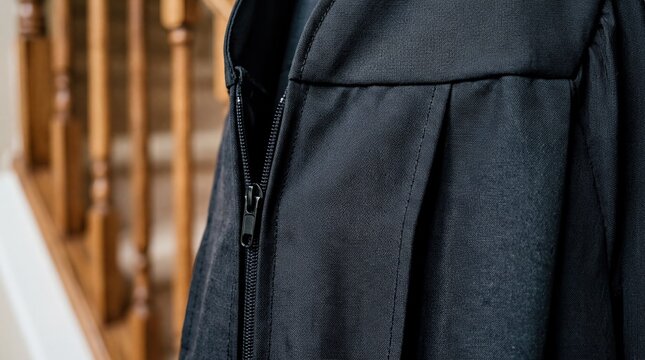 academic attire details, a close-up reveals the rich texture and sleek details of a black graduation gown