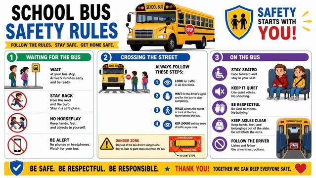 School Bus Safety Rules Educational Infographic Poster for Kids