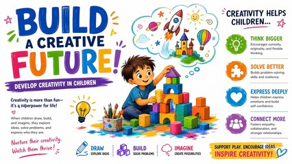 Fototapeta premium Educational Infographic about Developing Creativity in Children with Boy Playing Building Blocks