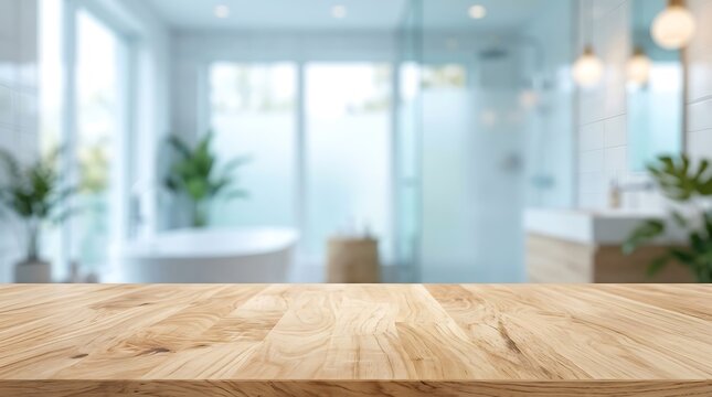 Empty wood table for product display in blurred modern bathroom background perfect for skincare and cosmetic mockups