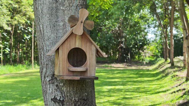 A wooden birdhouse on a tree.