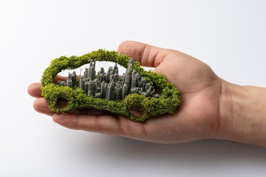 Hand holds tiny car-shaped eco-city model with green moss