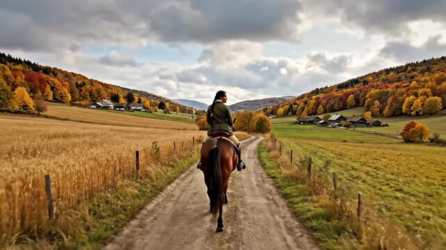 Woman riding horse down a scenic dirt road through an autumn mountain valley with colorful foliage and small houses