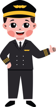 Cartoon pilot boy in uniform smiles warmly. He gestures with one hand, showing friendliness and confidence. Ideal for travel, aviation, or educational themes