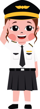 Young girl in pilot uniform salutes cheerfully. Bright smile shows enthusiasm for flying. Ideal for travel, aviation, or education themes. Great for websites, ads, or children's content