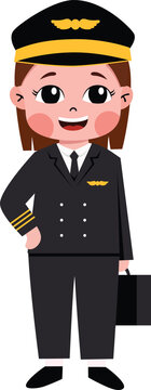 Cartoon female pilot smiles confidently in uniform. She holds briefcase, stands ready for flight. Perfect for aviation, travel, or education themes
