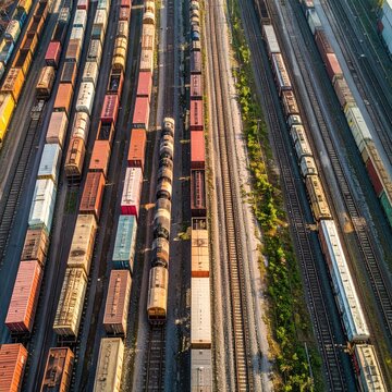 Aerial view of colorful freight train cars parked on parallel railway tracks, industrial logistics and global transportation network, trade supply chain