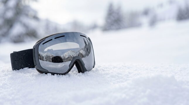 Ski Goggles on Fresh Snow with Mountain Reflection