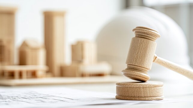 Wooden gavel rests near building models and hard hat, symbolizing construction law