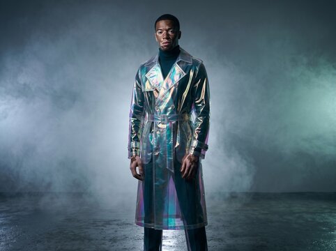 Fashion Model in Holographic Trench Coat Portrait