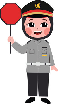 Cute cartoon police officer holds stop sign. Uniformed figure smiles cheerfully. Ideal for traffic safety or educational themes. Bright, simple design fits children's or public service projects