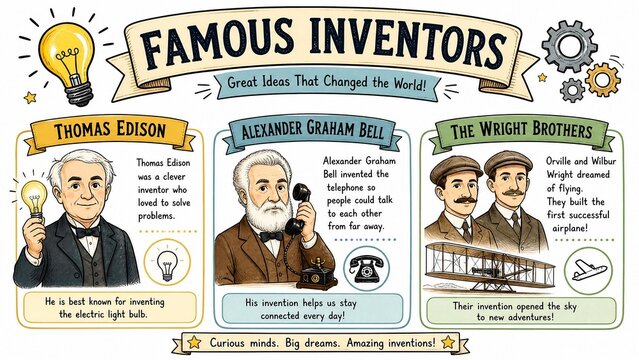 Educational Poster of Famous Inventors Featuring Thomas Edison Alexander Graham Bell and Wright Brothers