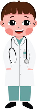 Cute cartoon boy wearing white doctor coat and stethoscope. He smiles cheerfully with rosy cheeks. Ideal for healthcare, pediatric, or medical-themed designs. Great for websites, apps