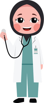 Cheerful female doctor holds a stethoscope. She wears a white coat and green scrubs. Her warm smile conveys trust and care. Perfect for healthcare websites or patient education materials