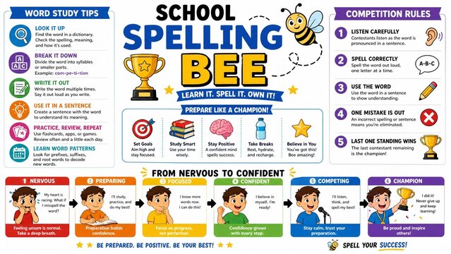 Educational School Spelling Bee Infographic Template with Tips and Rules
