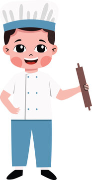 Cute cartoon chef boy with rolling pin. Smiling, happy, cheerful expression. Ideal for baking, cooking, food, or kitchen themes. Great for children's content, recipes, or culinary education