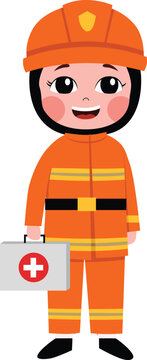 Young girl firefighter smiles while holding first aid kit. Bright orange uniform with reflective stripes. Cartoon style, cheerful expression. Suitable for safety, emergency response