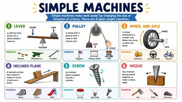 Educational Simple Machines Infographic with 6 Types and Examples